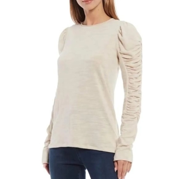 Free People - Natasha Cream Crewneck Ruched Long Sleeve Crew Neck Top Size XS - Picture 1 of 10